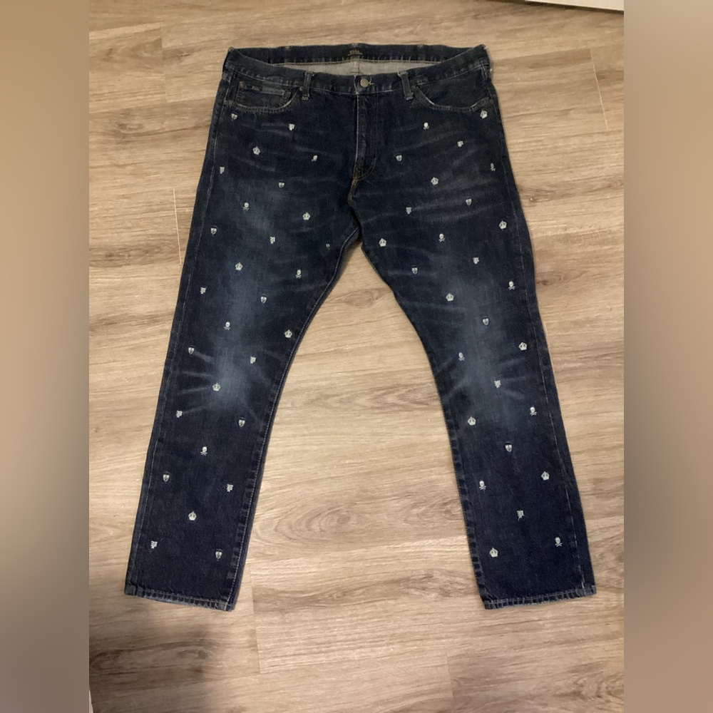 Polo Ralph Lauren Mens Sullivan Jeans Blue W40 L32 Slim Fit Embroidered Skull.